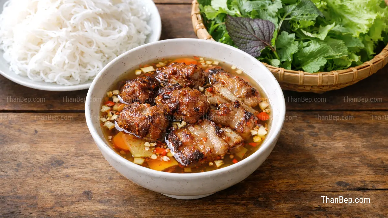 Cách làm bún chả Hà Nội với thịt nướng vàng đều, nước chấm chua ngọt và rau sống ăn kèm.