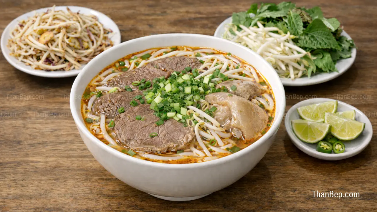 Cách nấu bún bò Huế với thịt bò nạm, chân giò và nước dùng trong