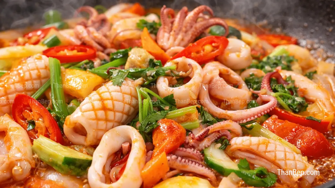 Mực xào chua ngọt với màu sắc hấp dẫn mực săn giòn và hương vị hài hòa
